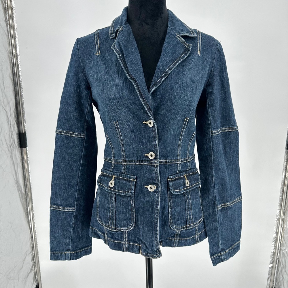 Boom Boom Jeans Blue Denim Blazer Button Up Jacket Contrast Stitching‎ USA M Y2K